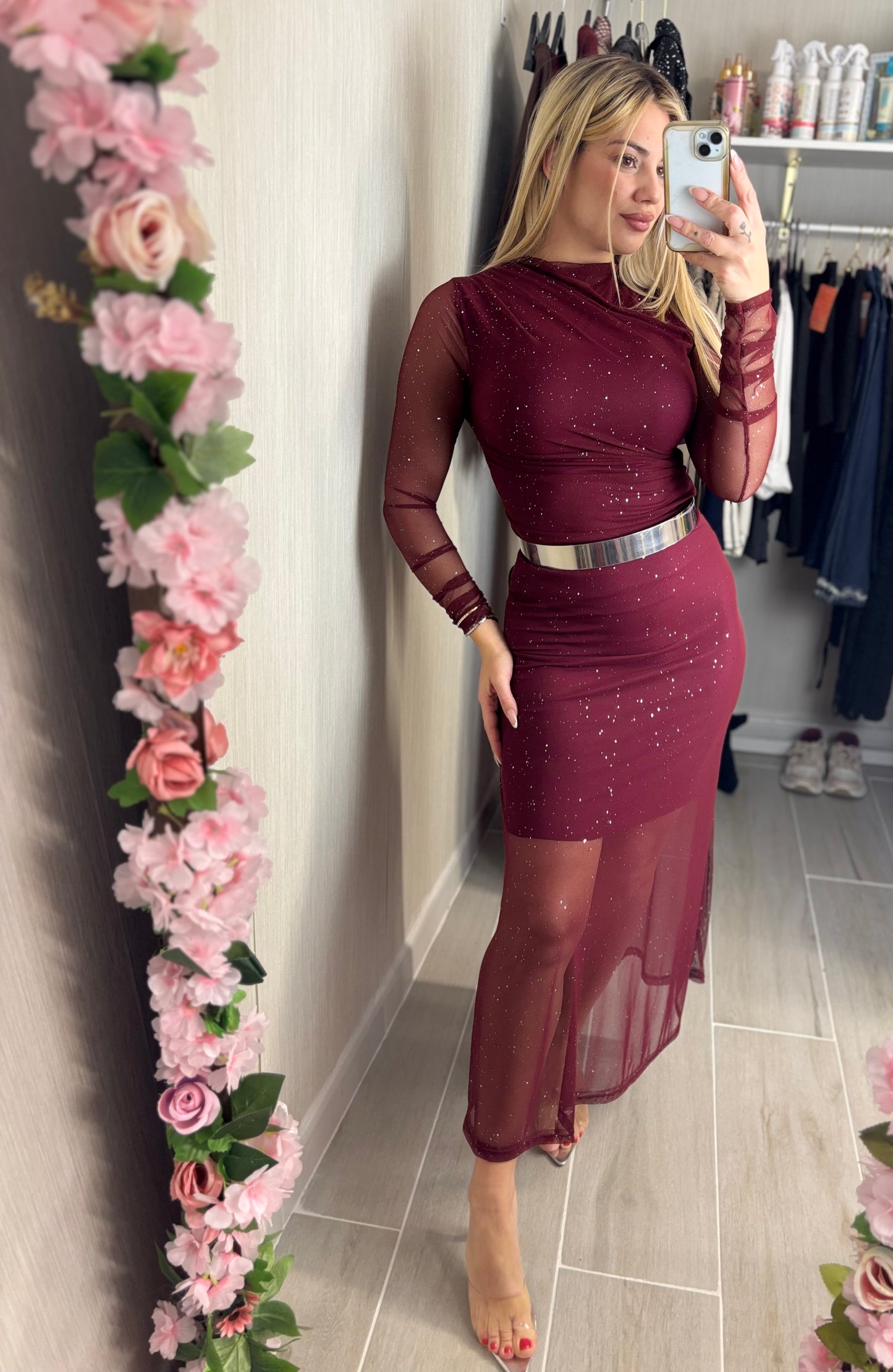 Falda destello burdeos