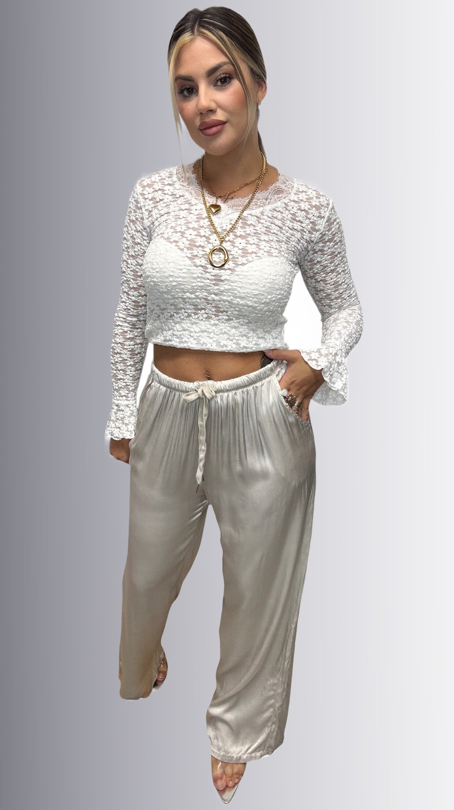 Pantalón satín beige