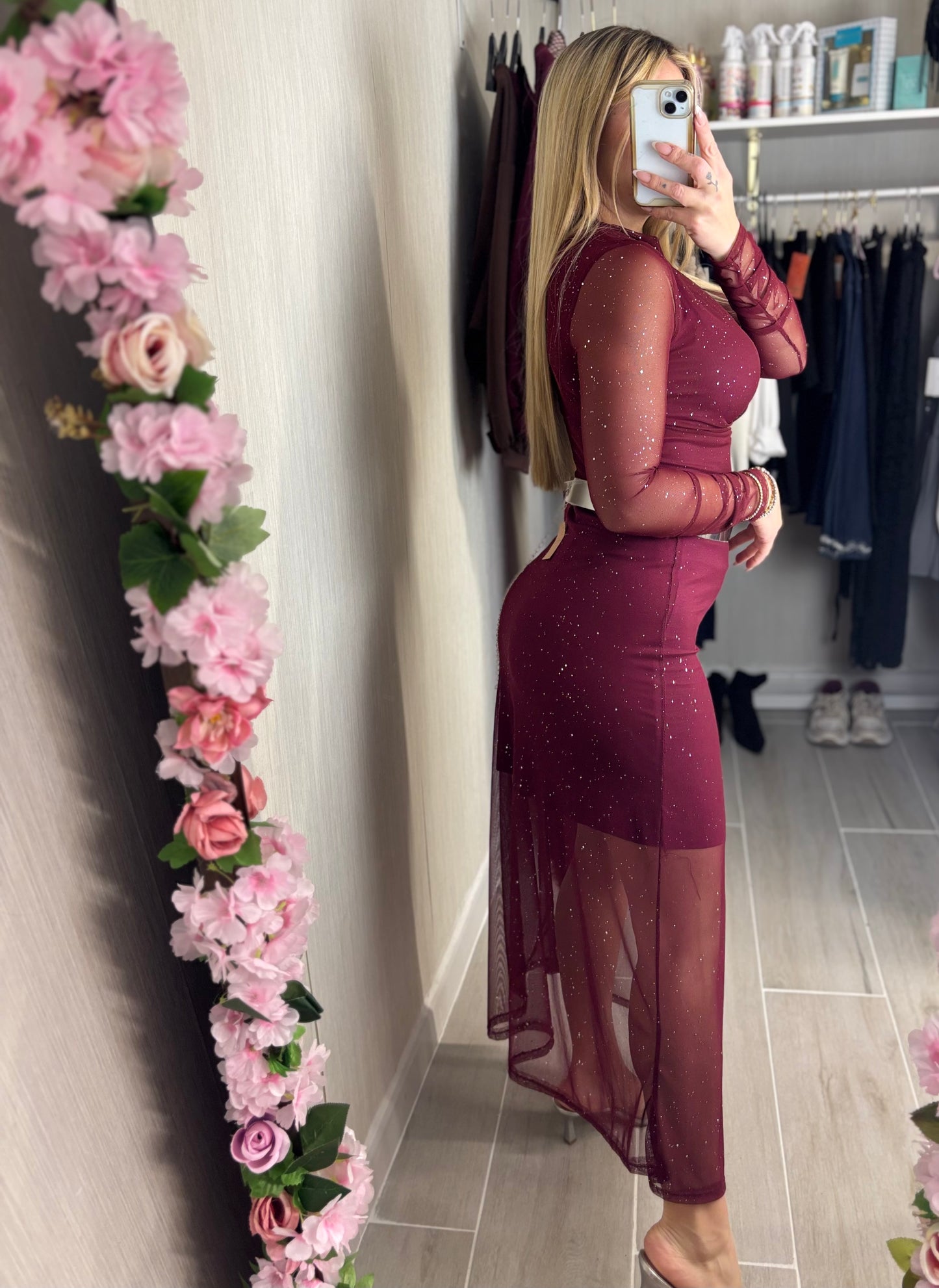 Falda destello burdeos