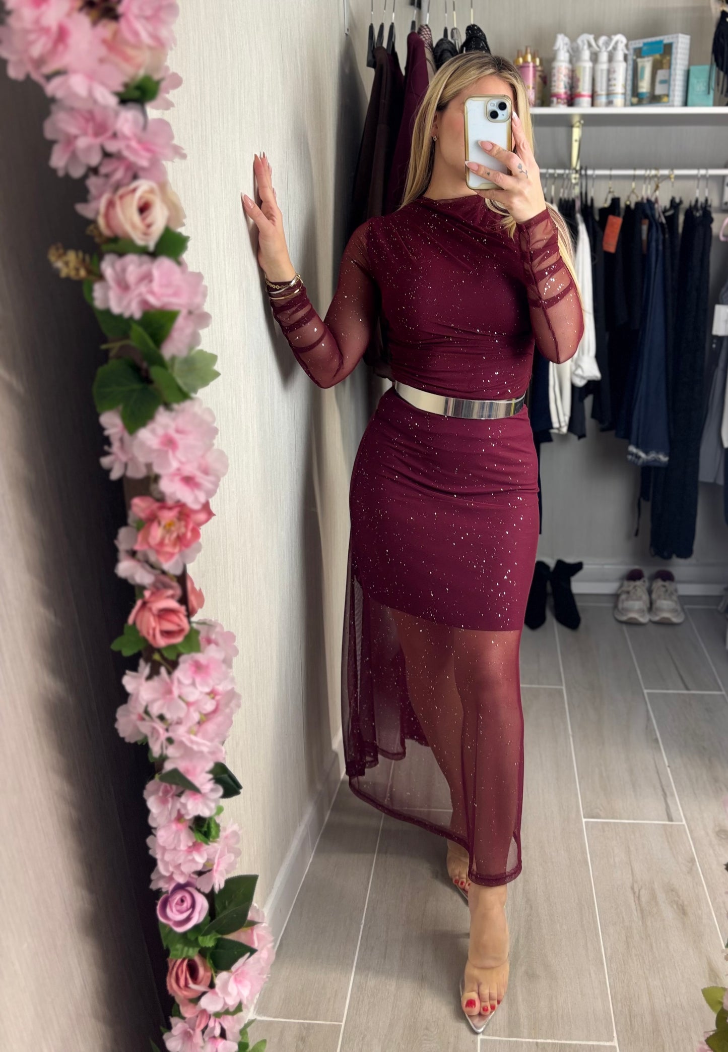 Falda destello burdeos