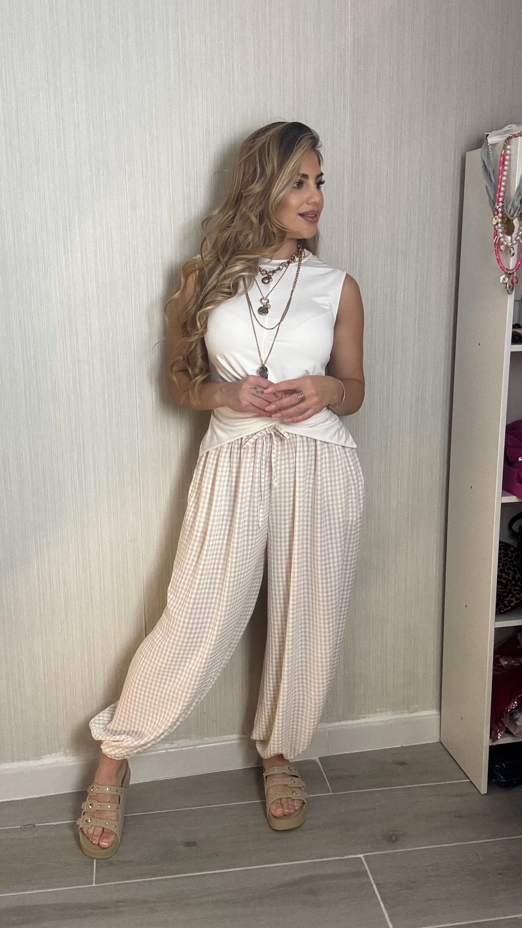 Pantalon vichy beige