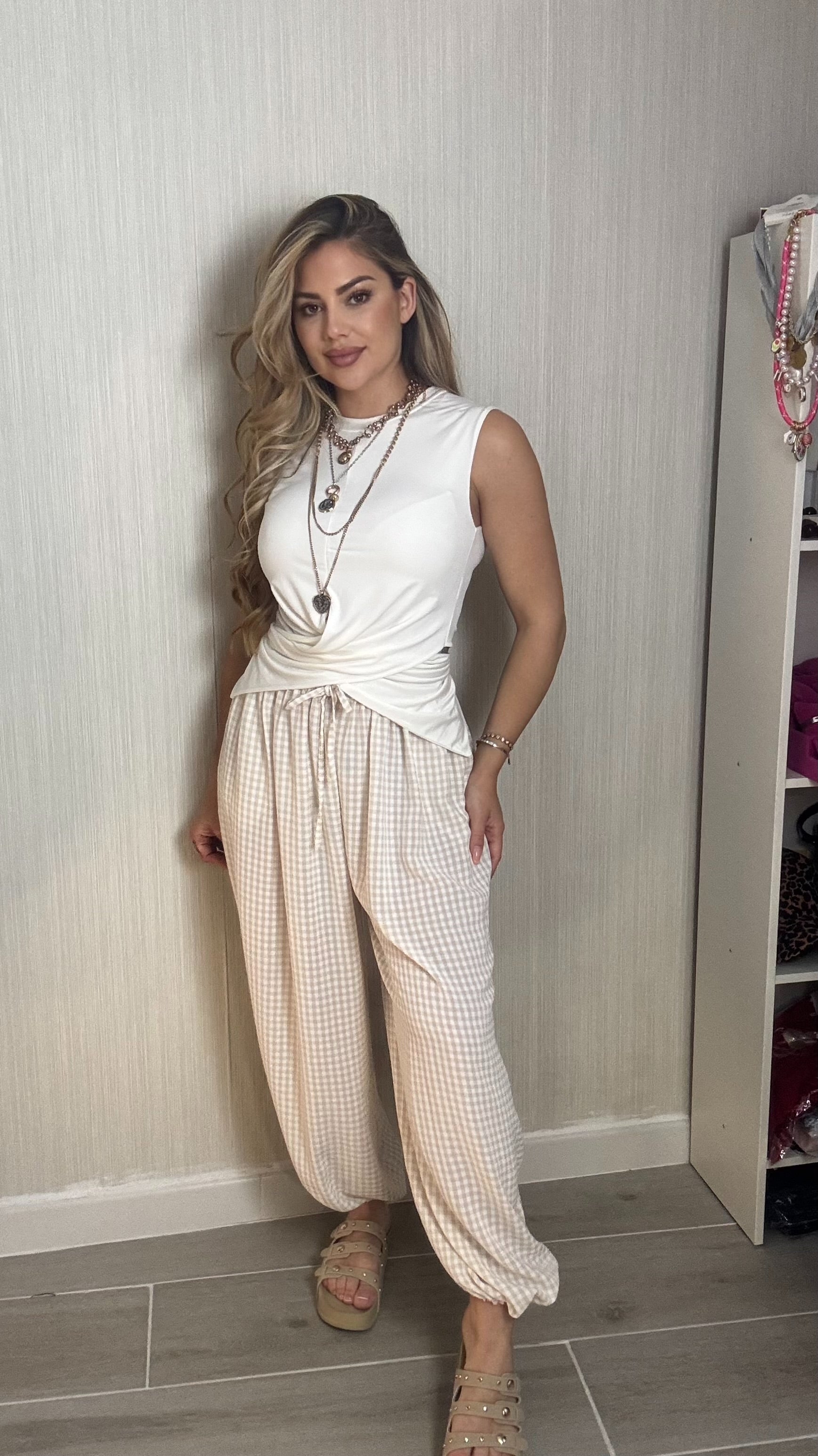 Pantalon vichy beige