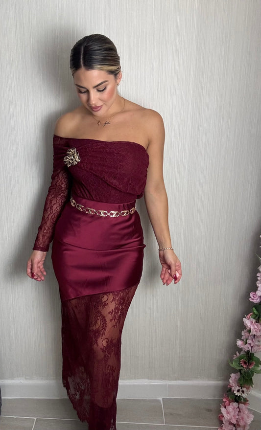 Falda satín encaje burde